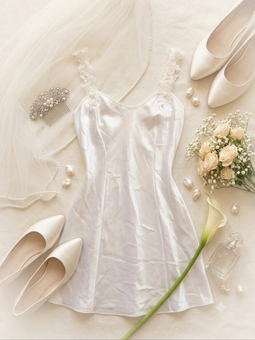 Vintage California Dynasty White Satin Slip Dress With Lace Applique Straps